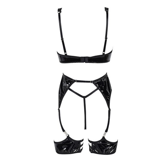 Women's Wet Look Lingerie Set with Underwired Cut-Out Bra, Suspenders and Arm Warmers