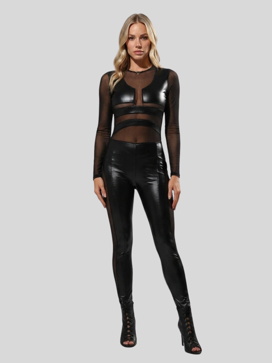 Women's Wet Look Bodysuit with Sheer Mesh Panels and Close-Fitting Stretch Design