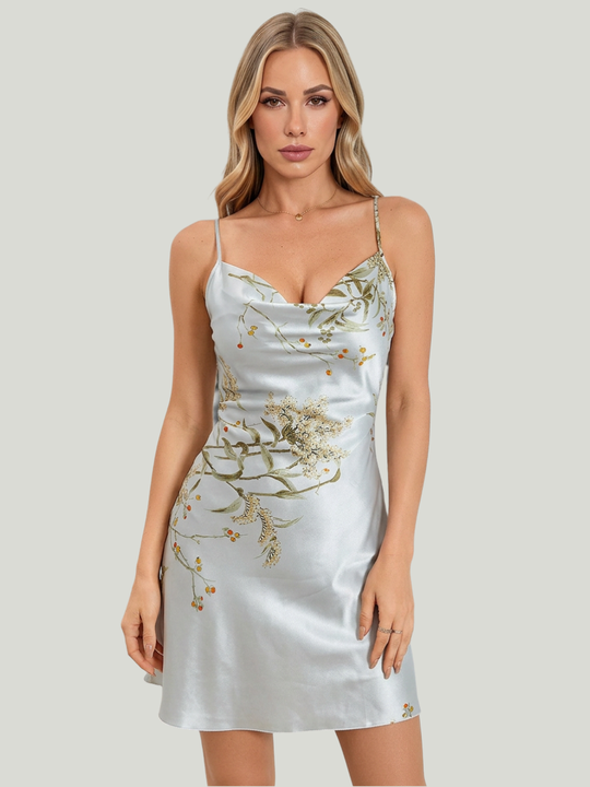 Women's Light Blue Floral Satin Slip Nightdress with Cowl Neck and Adjustable Straps