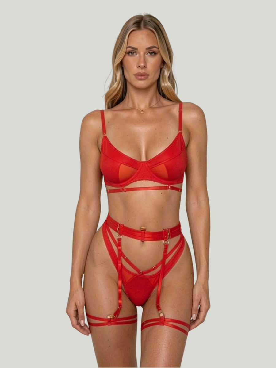 Rotes 3-teiliges Damen-Dessous-Set mit BH, Slip und Strapshalter-Details