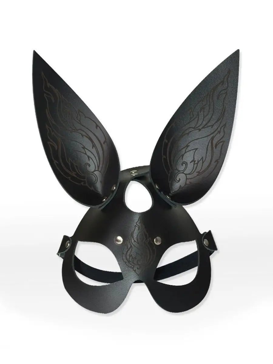 Faux Leather Bunny Mask with Flame Embossing, Silver-Tone Studs and Adjustable Straps