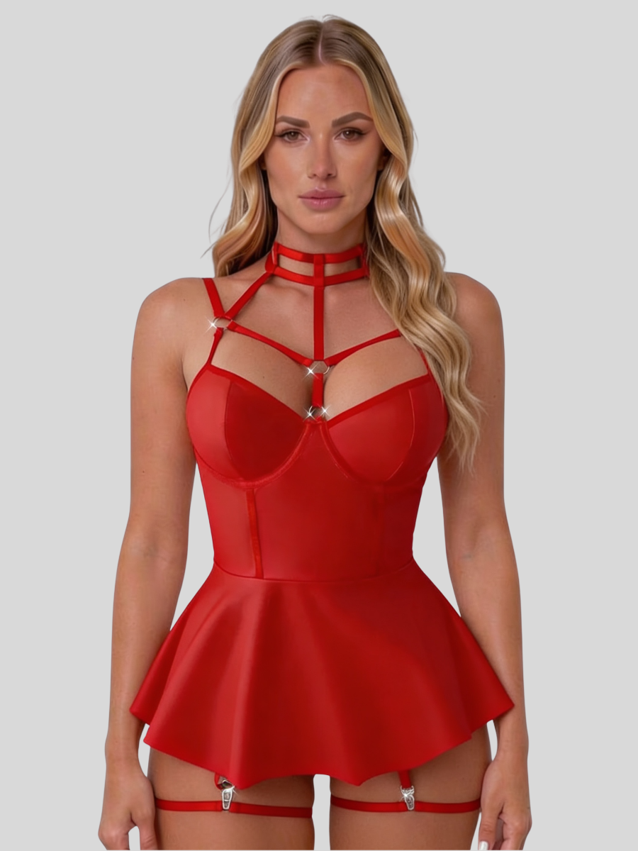 Women's Glossy Wet Look Bodysuit with Underwired Cups, Choker and Skirt Detail