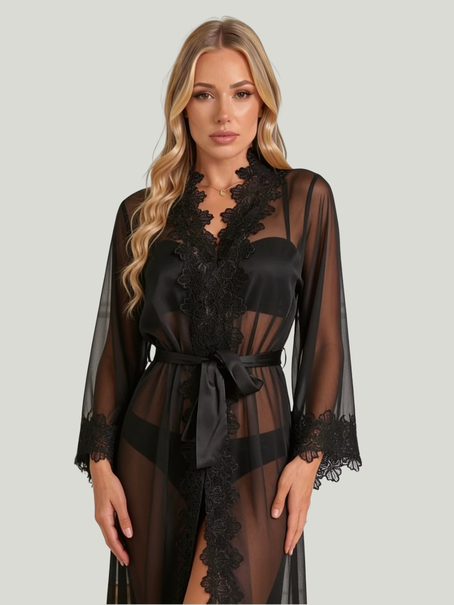 Women's Floor-Length Black Chiffon Kimono Robe with Floral Lace and Satin Tie Belt