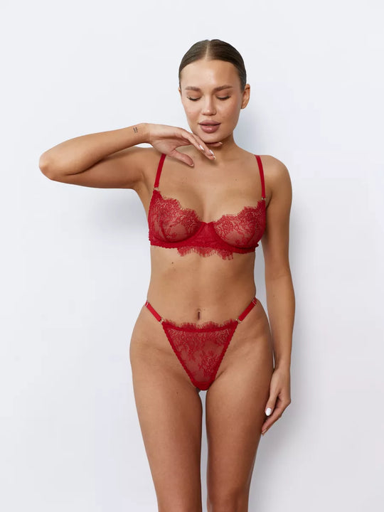 Rotes Damen-Dessous-Set aus Wimpernspitze mit transparentem Tüll und verstellbaren Stretchträgern
