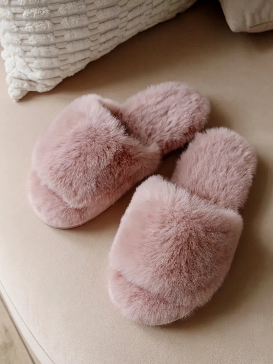 Women's Dusty Pink Fluffy Faux Fur Slippers with Slip-Resistant Comfort Soles