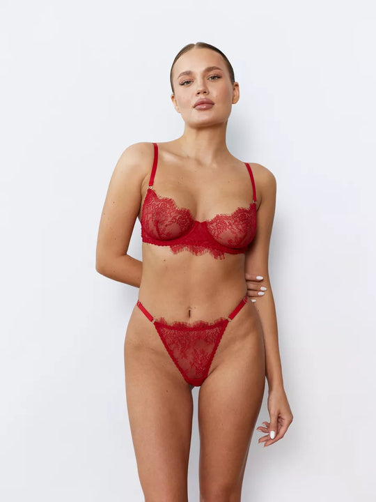 Rotes Damen-Dessous-Set aus Wimpernspitze mit transparentem Tüll und verstellbaren Stretchträgern