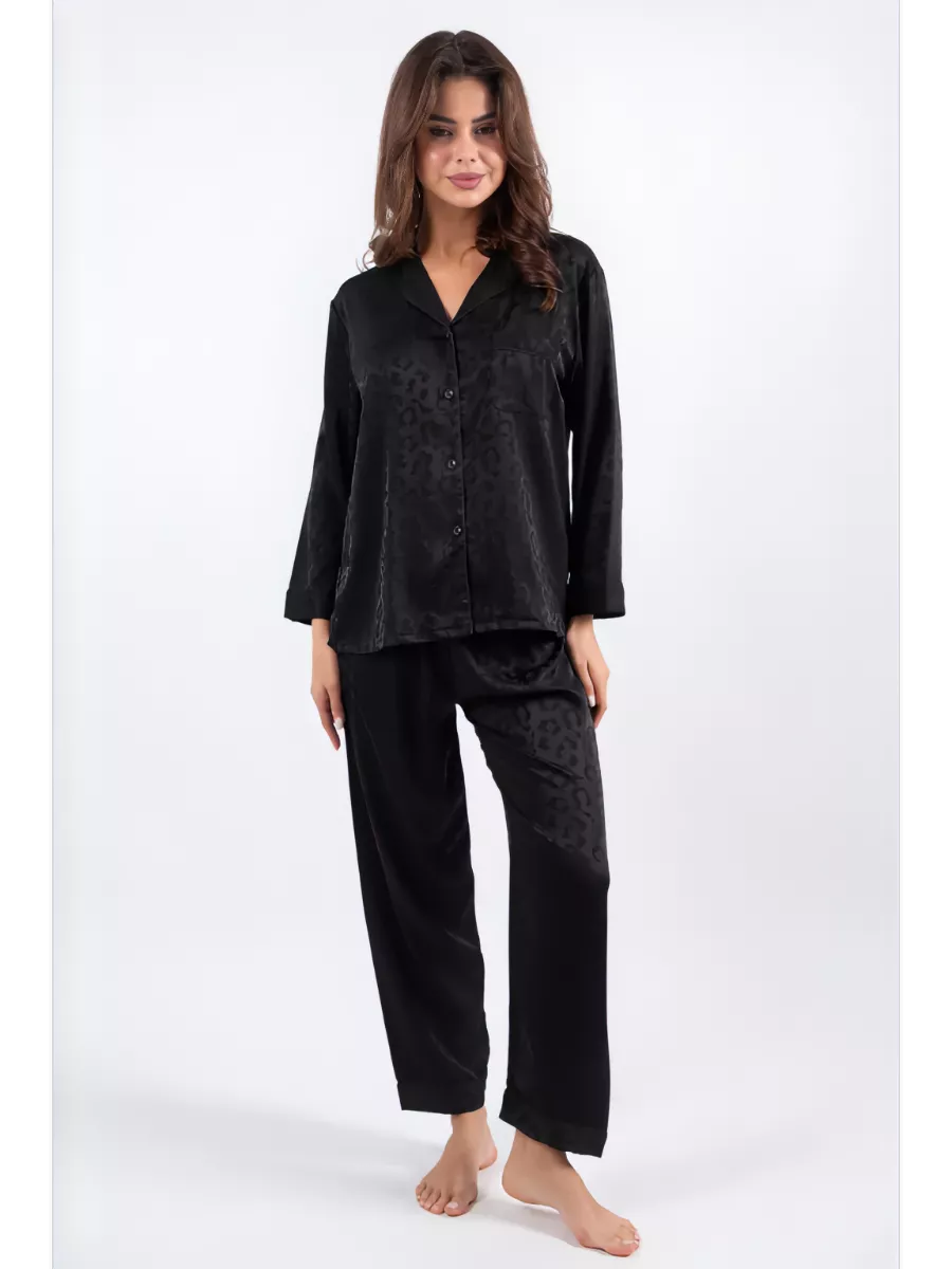 Damen-Pyjama-Set aus schwarzem Jacquard-Satin mit Leopardenmuster, Oberteil mit Knopfleiste und Hose
