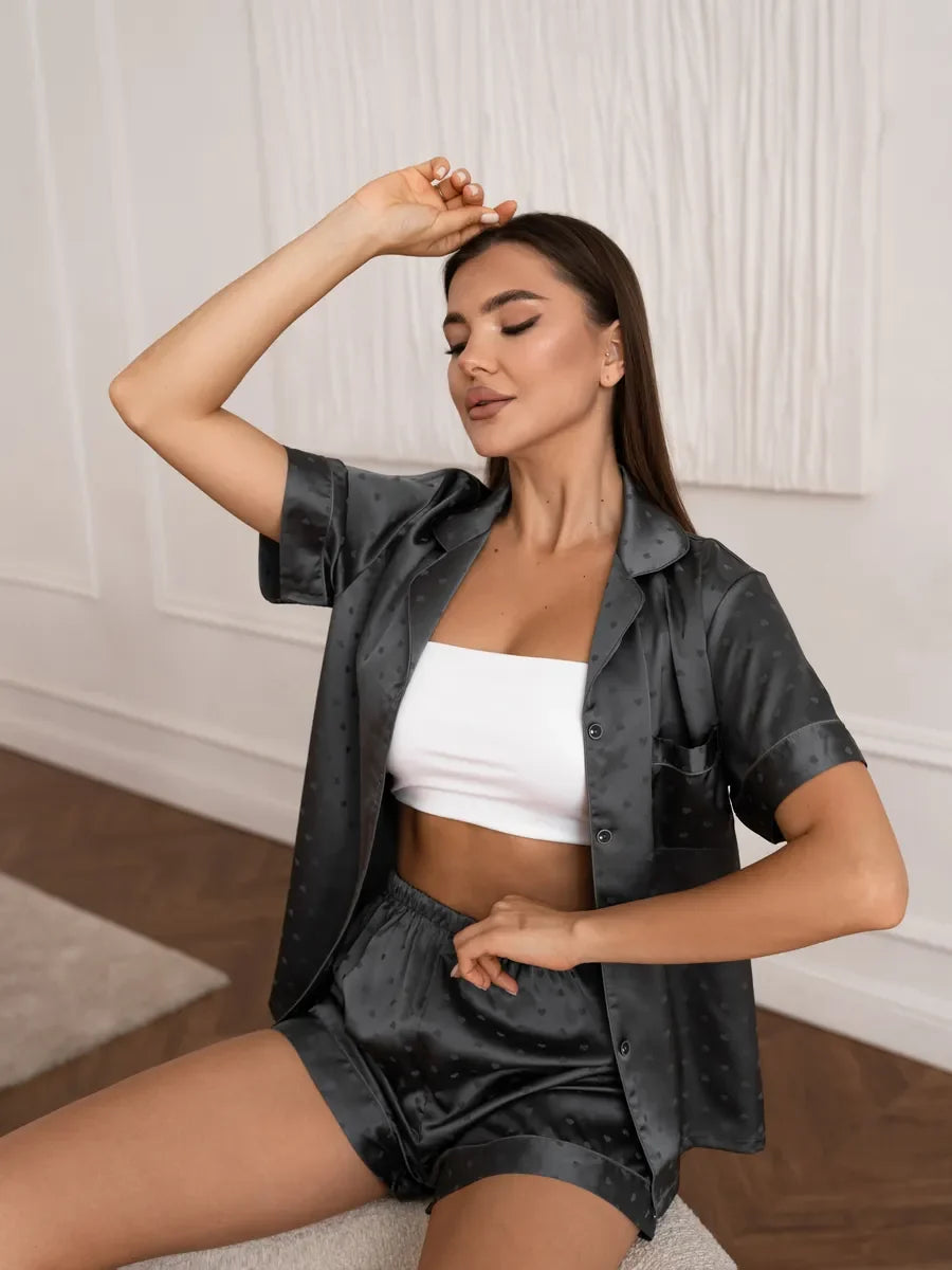 Women's Dark Grey Heart Pattern Satin Pyjama Shorts Set with Button-Front Top