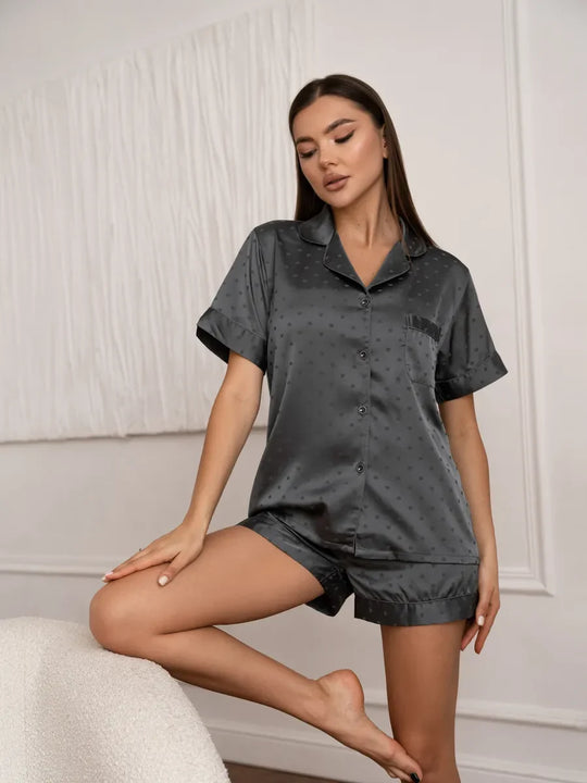 Women's Dark Grey Heart Pattern Satin Pyjama Shorts Set with Button-Front Top