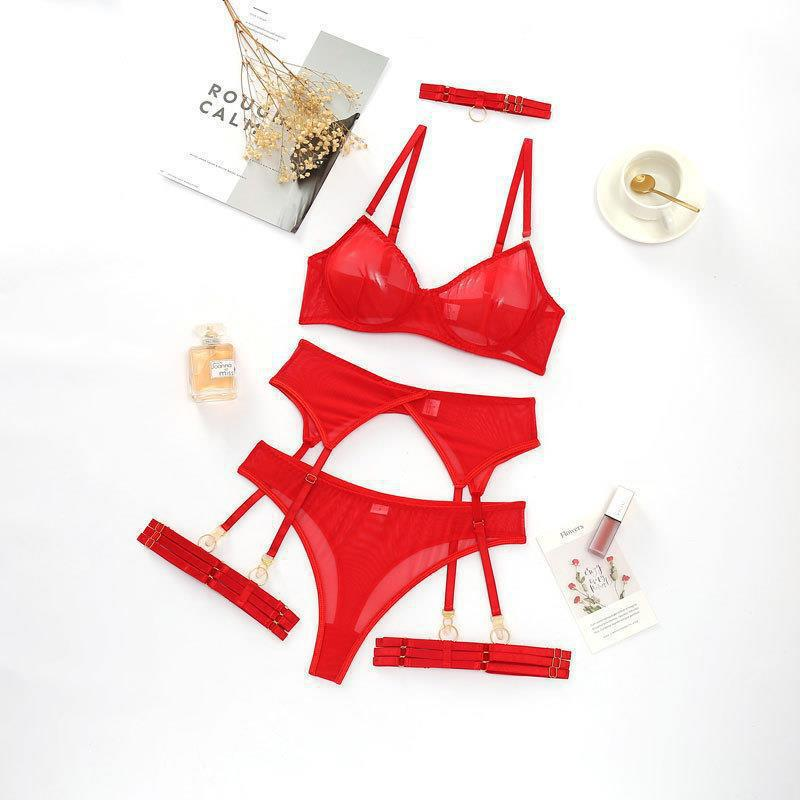 Women's Underwired Lingerie Set with Bra, Briefs, Choker and Suspender Details