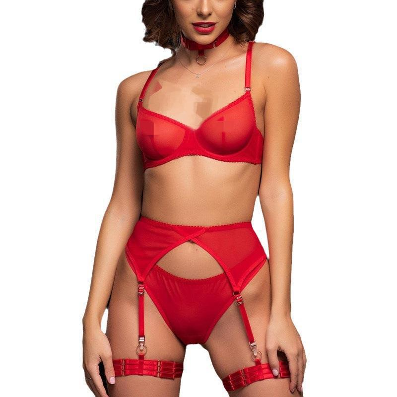 Women's Underwired Lingerie Set with Bra, Briefs, Choker and Suspender Details