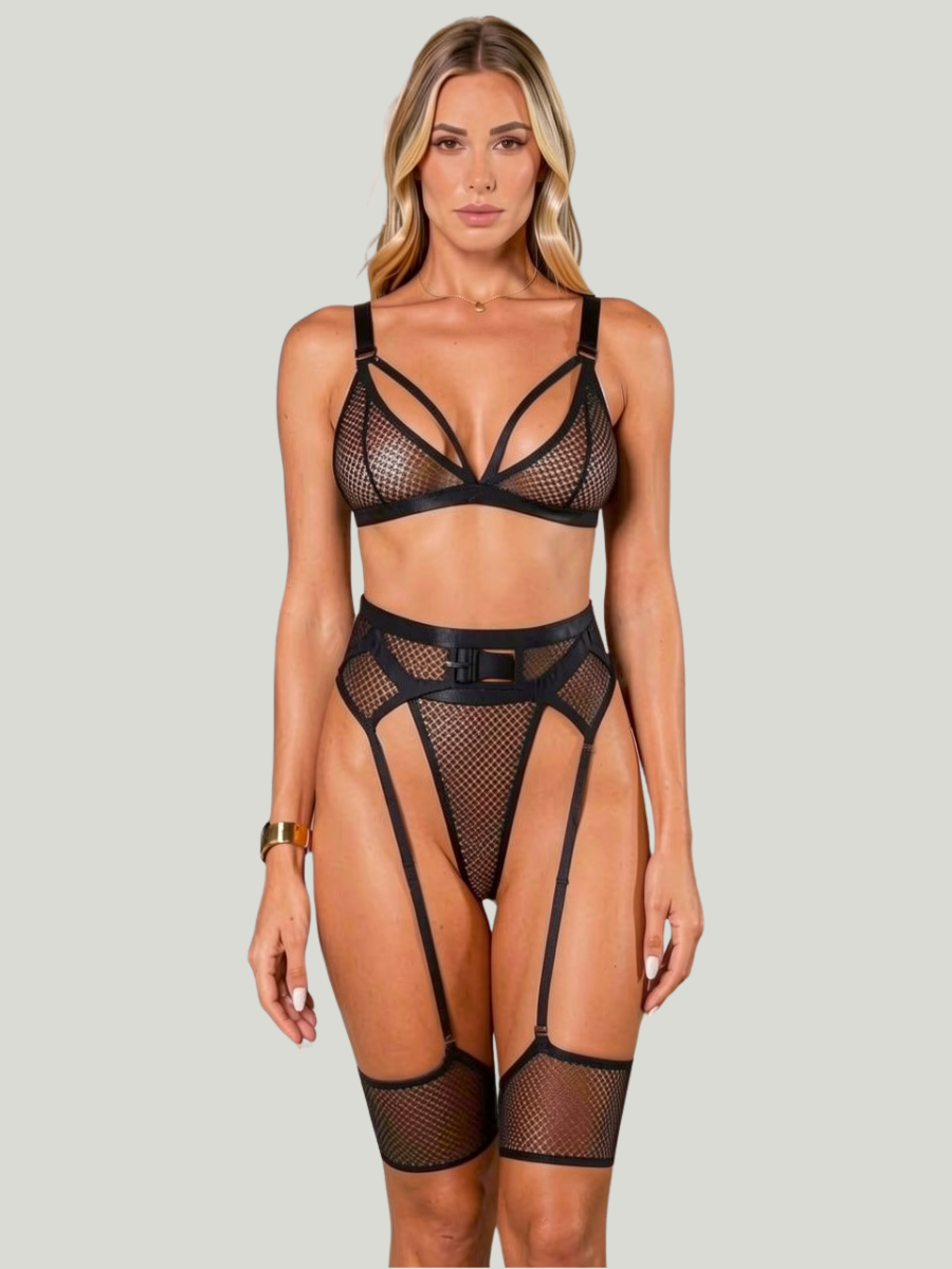 Damen-Dessous-Set aus 3 Teilen mit schwarzem Waben-Mesh, Bralette und Strapsgürtel