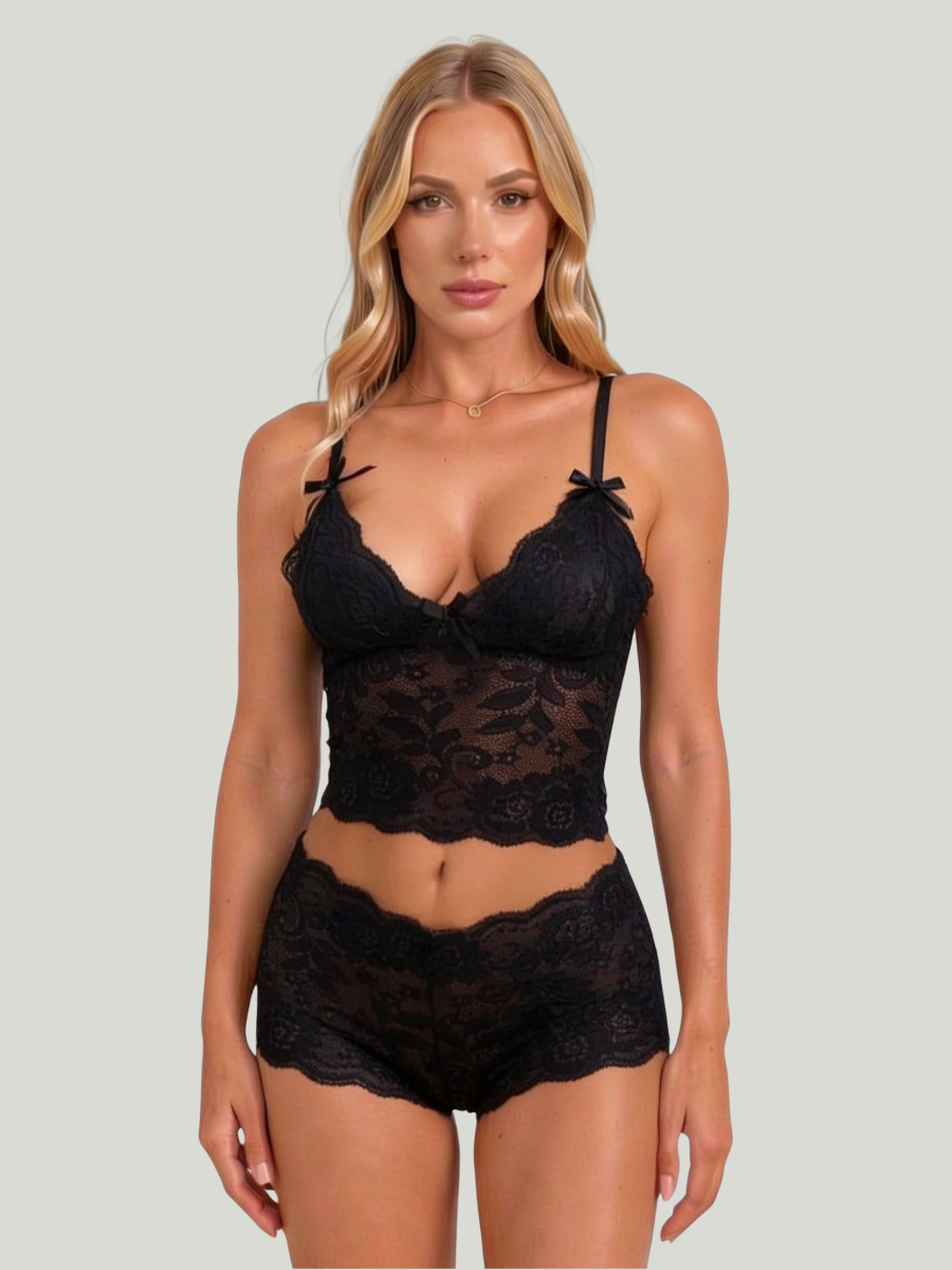 Women's Black Floral Lace Longline Bralette and Boyshorts Set with V-Neck
