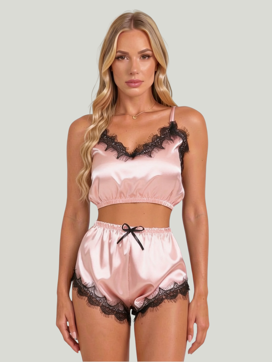 Rosa Satin-Camisole und Shorts für Damen mit schwarzer Wimpernspitze und verstellbaren Trägern