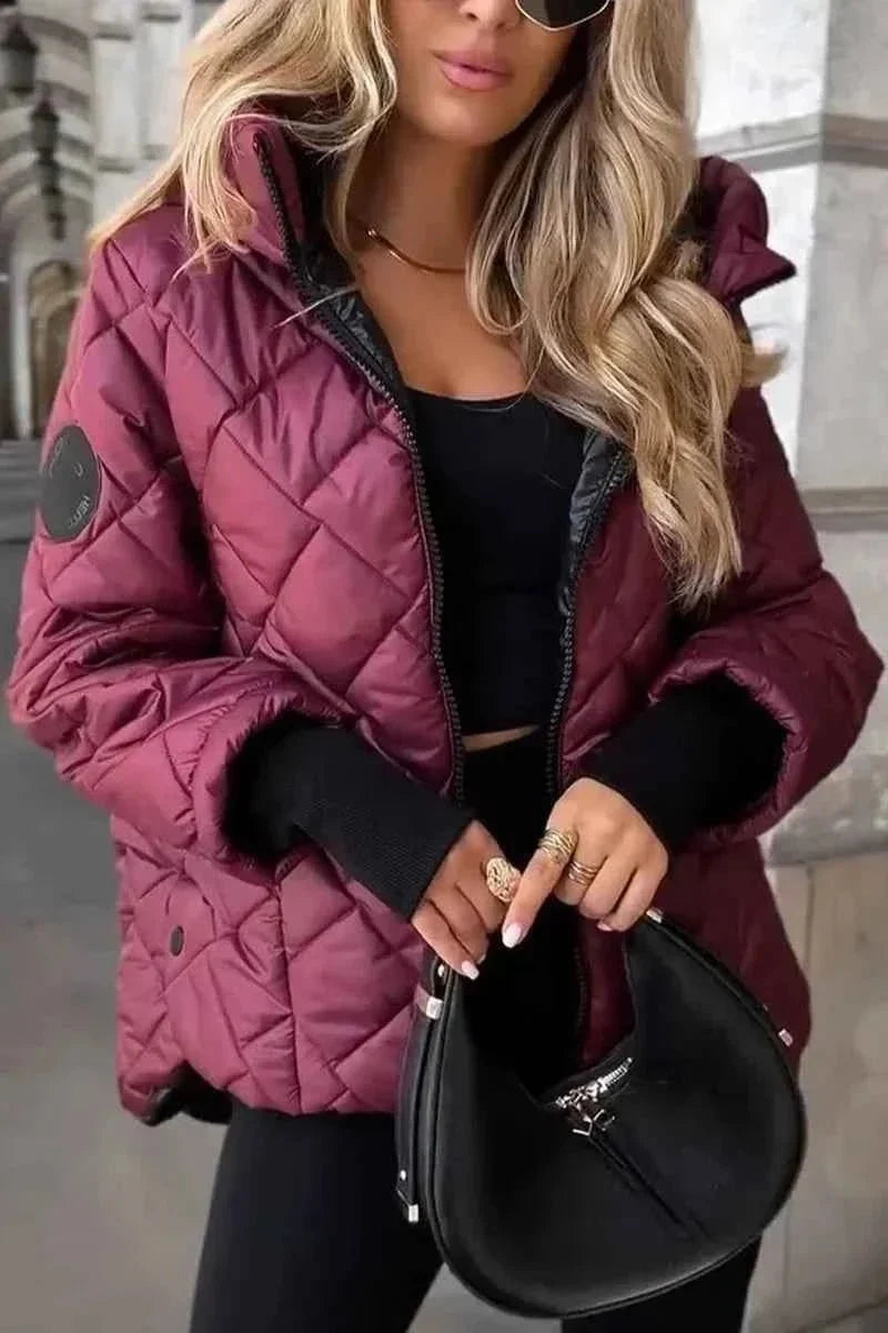 Women's Hooded Diamond-Quilted Polyester Jacket with Zip Front
