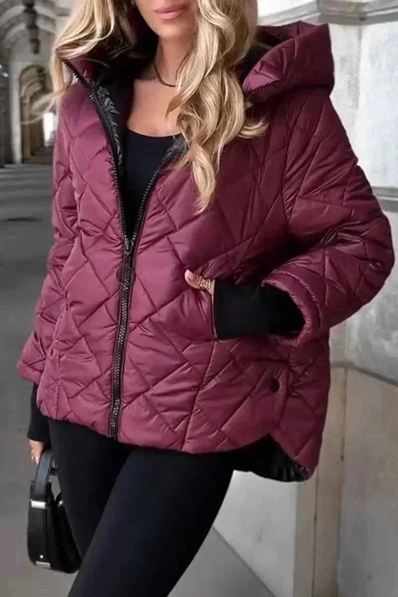 Women's Hooded Diamond-Quilted Polyester Jacket with Zip Front