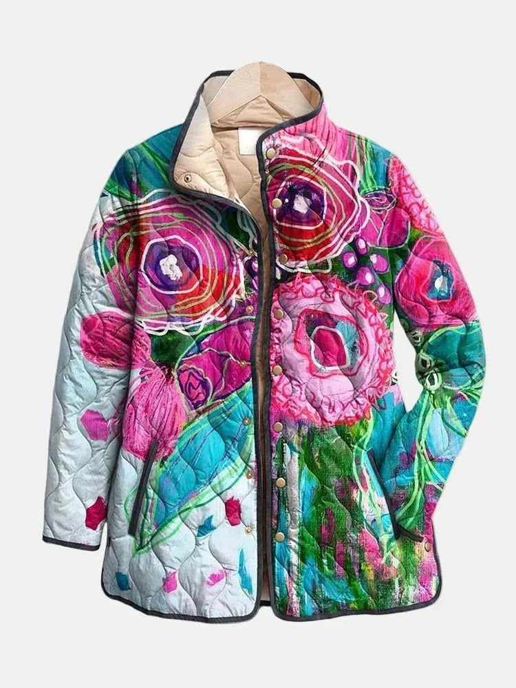 Women's Abstract Floral Quilted Jacket with Snap-Button Front