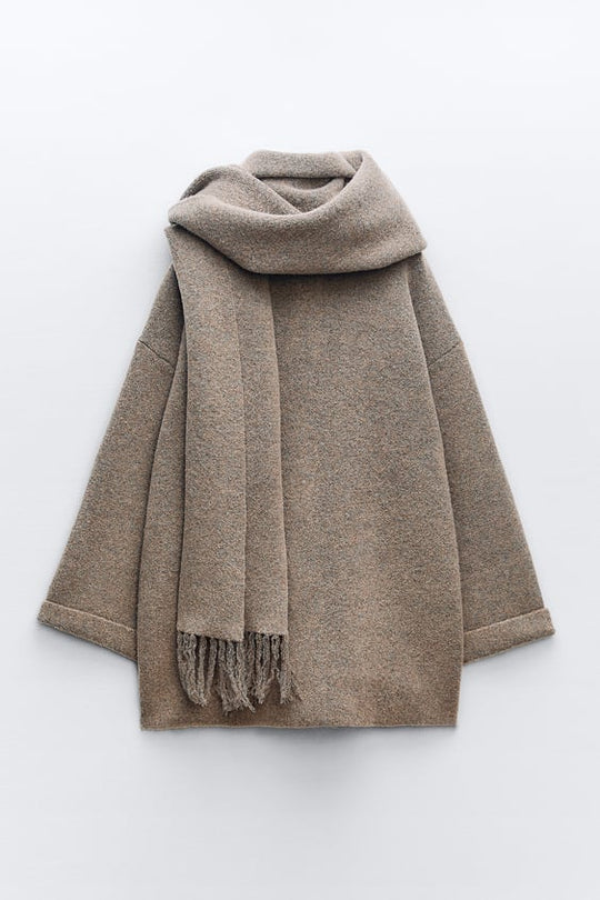 Women's Short Cotton-Knit Winter Jacket with Matching Scarf