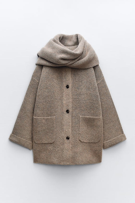 Women's Short Cotton-Knit Winter Jacket with Matching Scarf