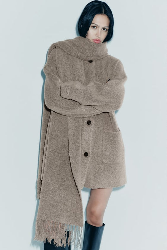 Women's Short Cotton-Knit Winter Jacket with Matching Scarf