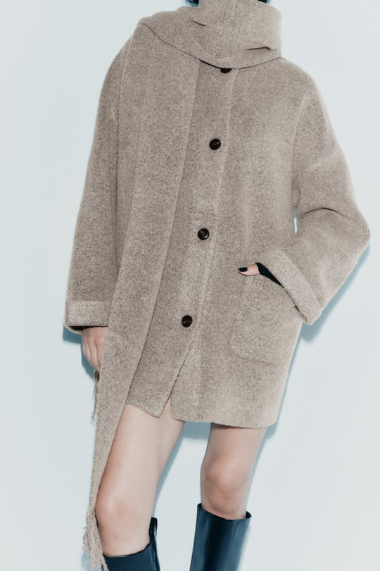 Women's Short Cotton-Knit Winter Jacket with Matching Scarf