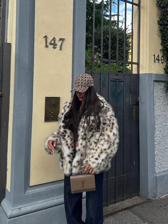 Leopard Print Faux Fur Coat with Stand Collar