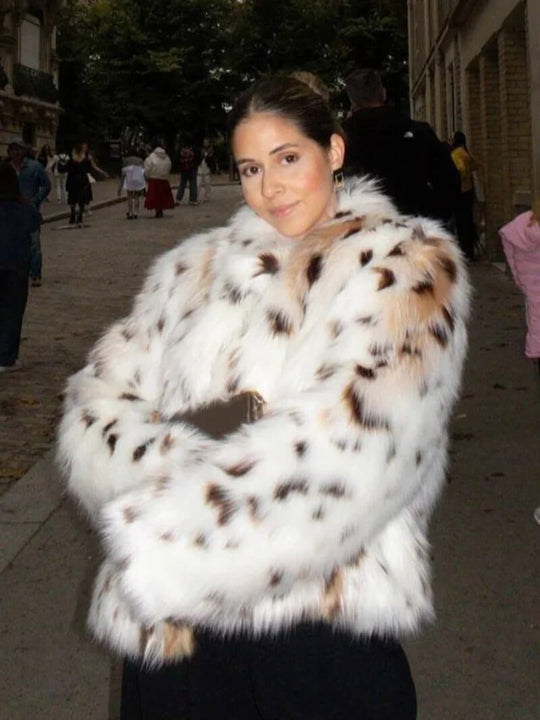 Leopard Print Faux Fur Coat with Stand Collar
