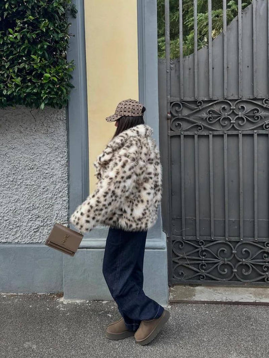Leopard Print Faux Fur Coat with Stand Collar