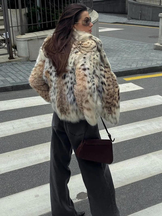 Leopard Print Faux Fur Coat with Stand Collar
