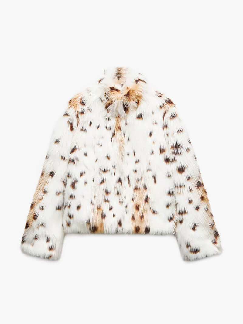Leopard Print Faux Fur Coat with Stand Collar