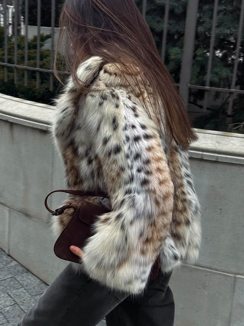 Leopard Print Faux Fur Coat with Stand Collar