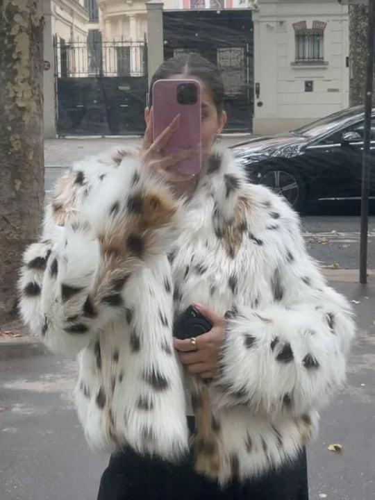 Leopard Print Faux Fur Coat with Stand Collar