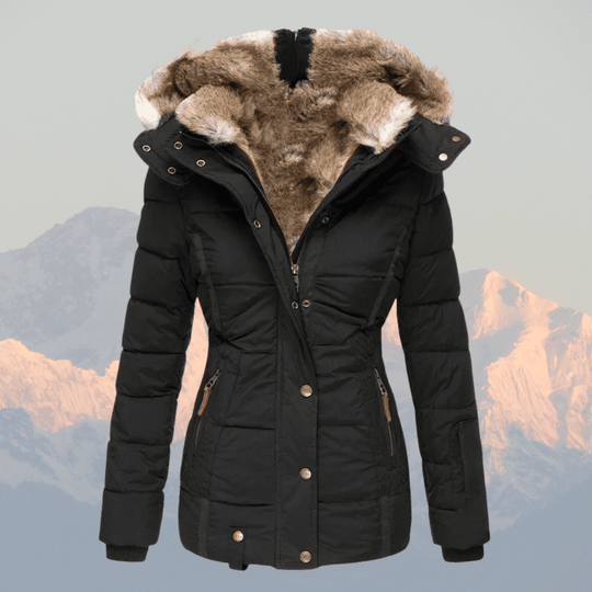Women's Down Puffer Jacket with Faux Fur Hood and Water-Repellent Shell