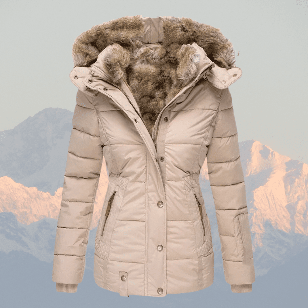 Women's Down Puffer Jacket with Faux Fur Hood and Water-Repellent Shell