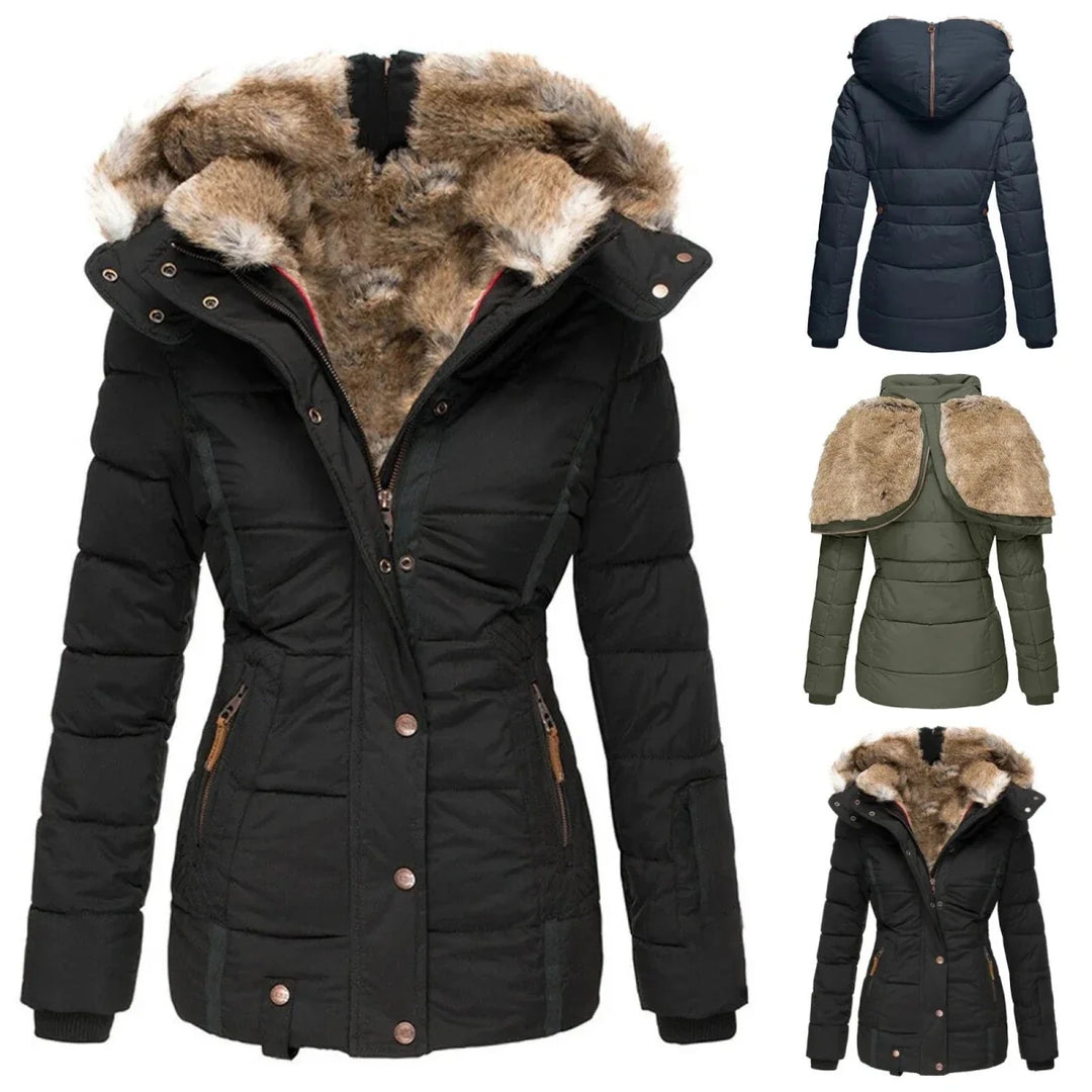 Women's Down Puffer Jacket with Faux Fur Hood and Water-Repellent Shell