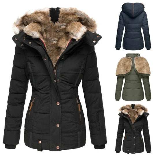 Women's Down Puffer Jacket with Faux Fur Hood and Water-Repellent Shell