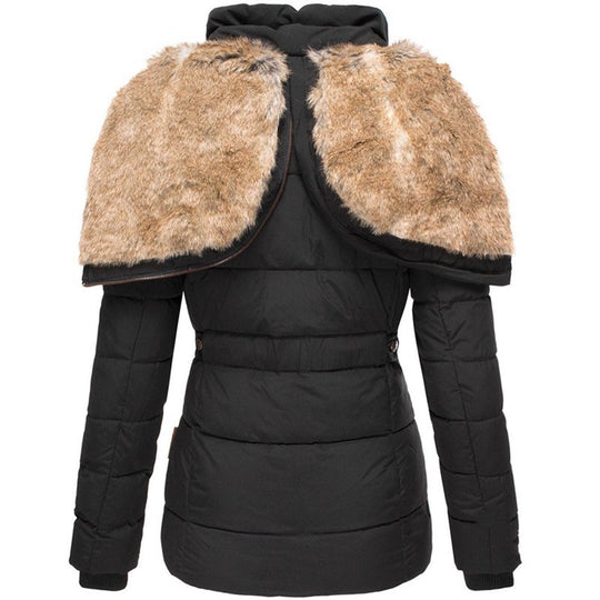 Women's Down Puffer Jacket with Faux Fur Hood and Water-Repellent Shell