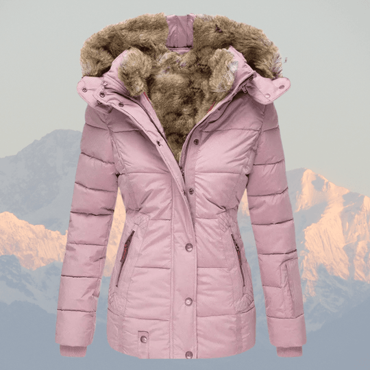 Women's Down Puffer Jacket with Faux Fur Hood and Water-Repellent Shell