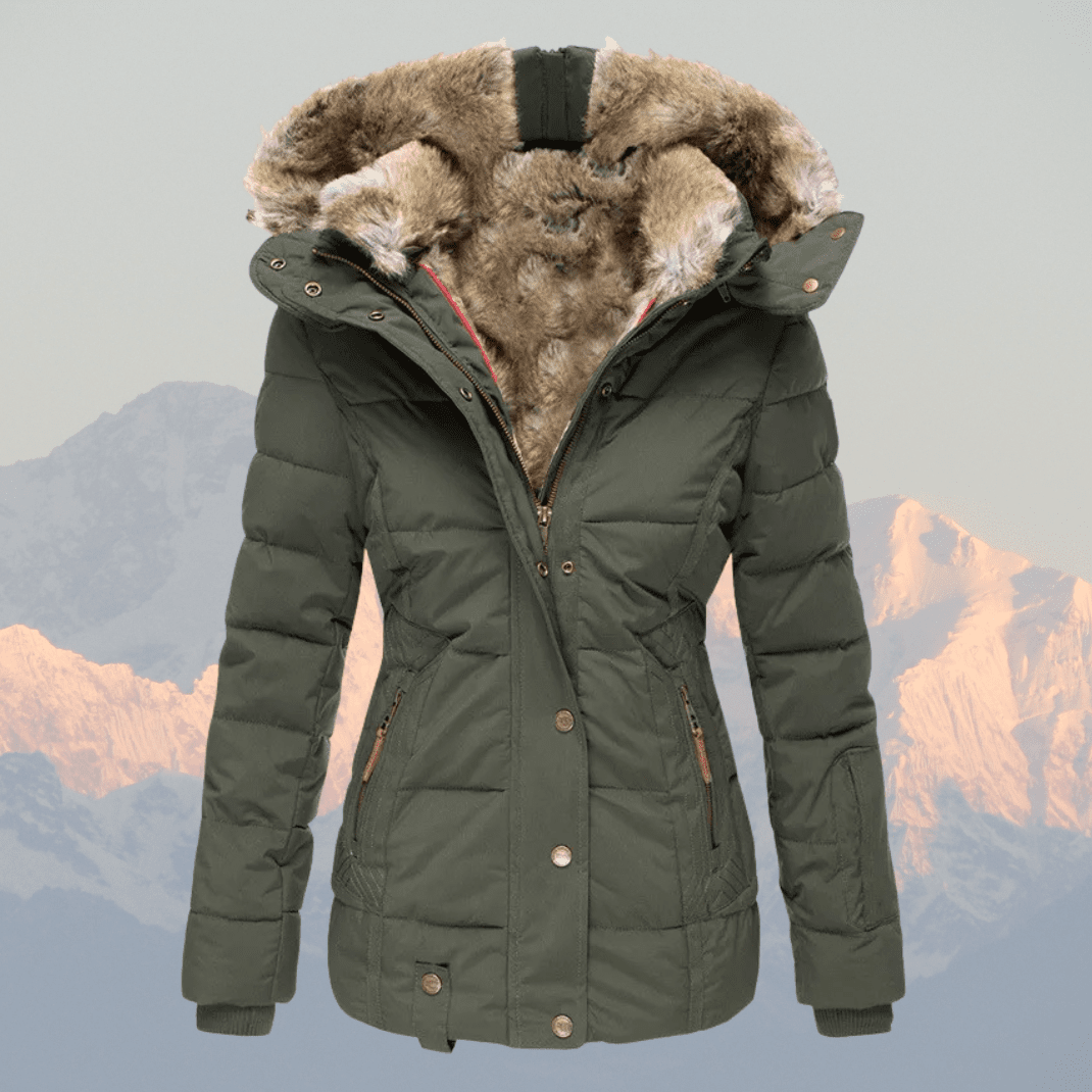 Women's Down Puffer Jacket with Faux Fur Hood and Water-Repellent Shell