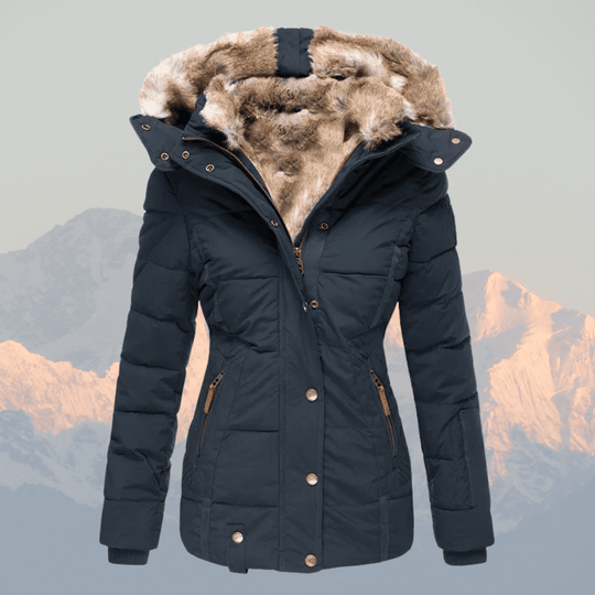 Women's Down Puffer Jacket with Faux Fur Hood and Water-Repellent Shell