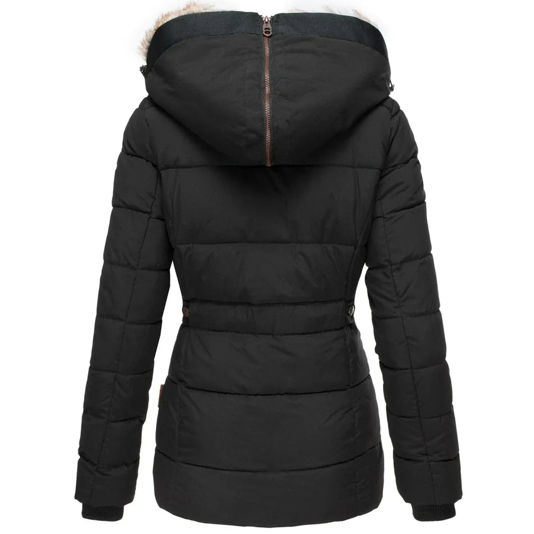Women's Down Puffer Jacket with Faux Fur Hood and Water-Repellent Shell