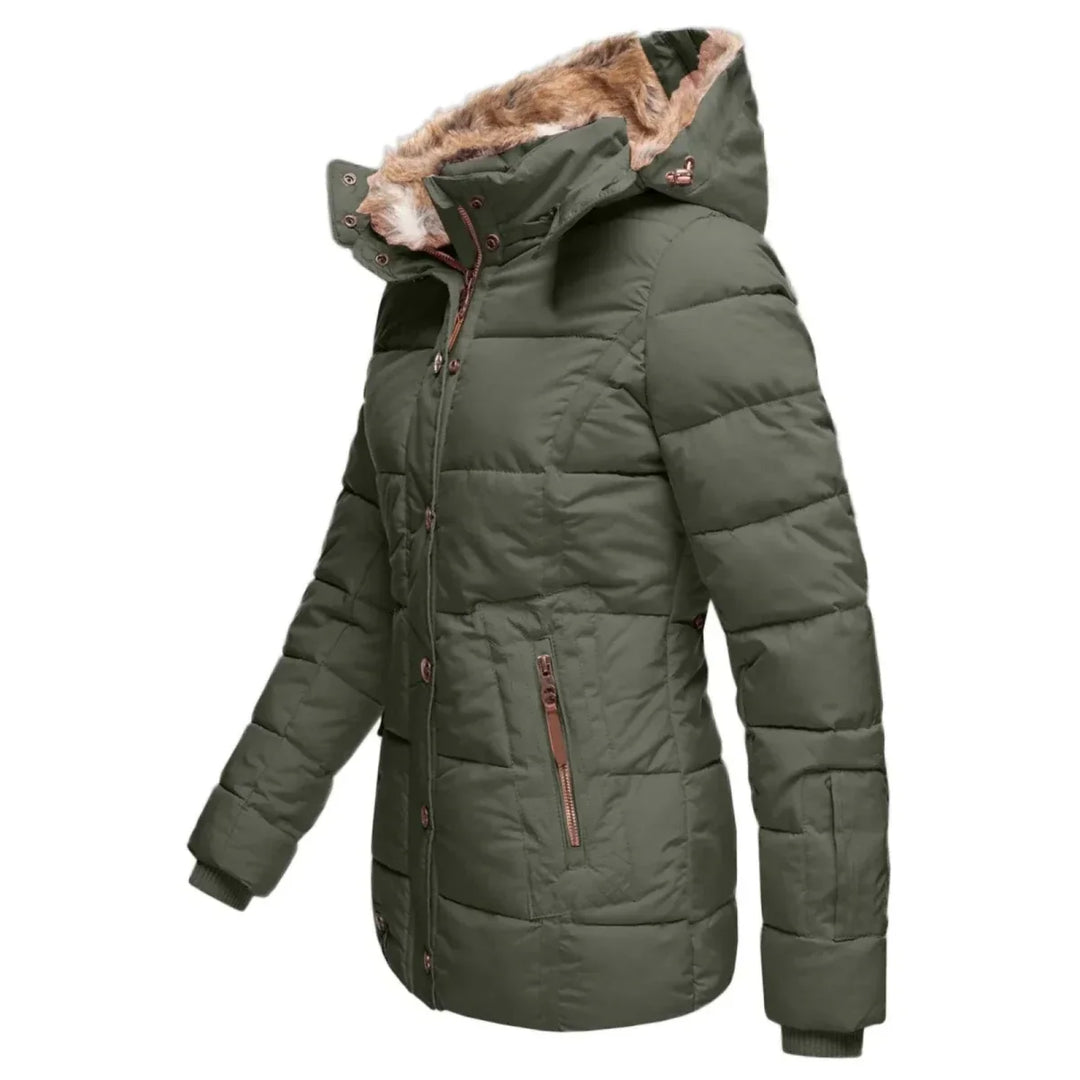 Women's Down Puffer Jacket with Faux Fur Hood and Water-Repellent Shell