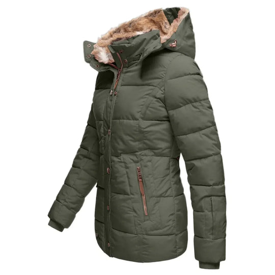 Women's Down Puffer Jacket with Faux Fur Hood and Water-Repellent Shell