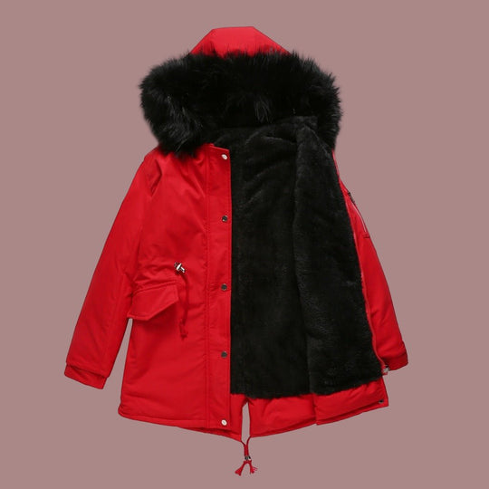 Gefütterter Damen-Parka in mittlerer Länge mit Kunstpelzkapuze und verstellbarer Taille