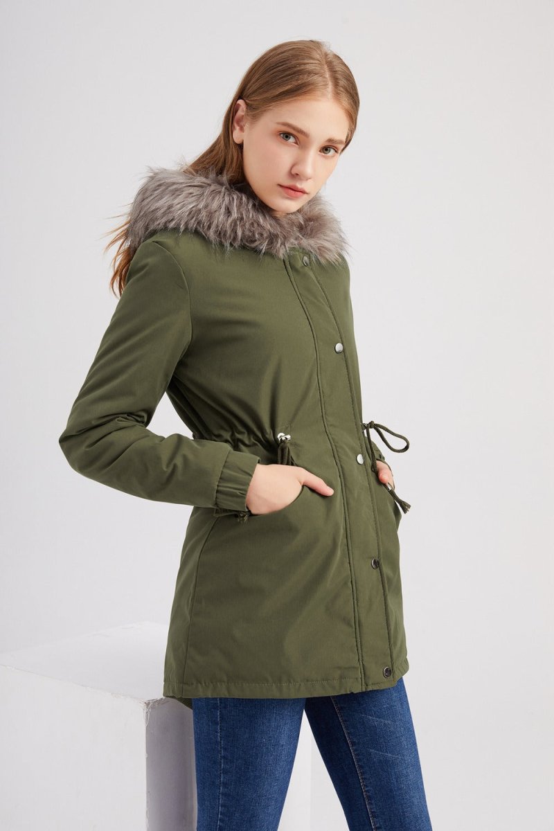 Gefütterter Damen-Parka in mittlerer Länge mit Kunstpelzkapuze und verstellbarer Taille