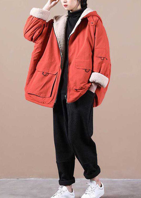 Orange Hooded Winter Parka with Zip Pockets