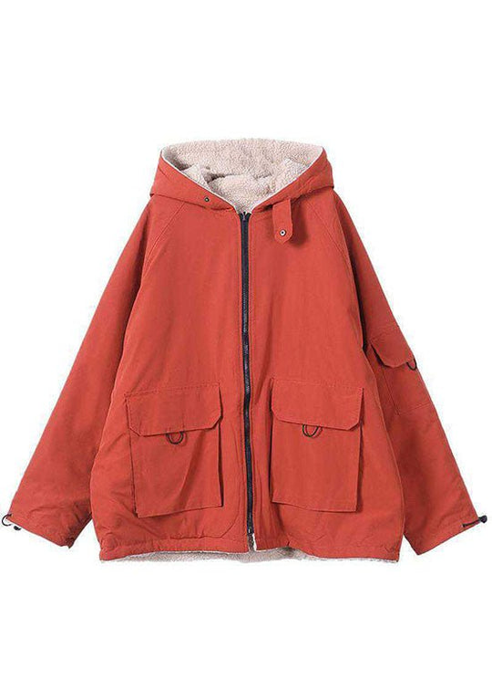 Orange Hooded Winter Parka with Zip Pockets