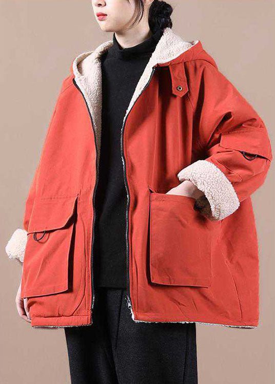 Orange Hooded Winter Parka with Zip Pockets