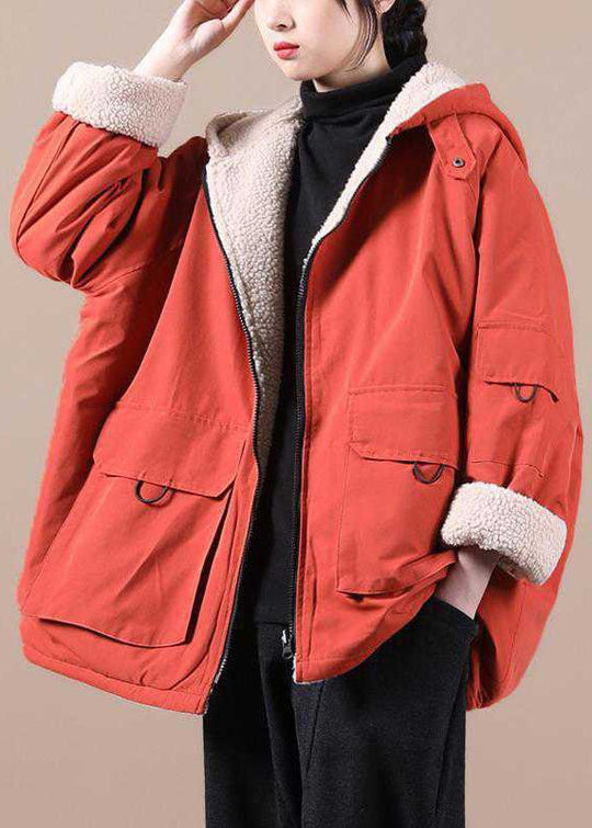 Orange Hooded Winter Parka with Zip Pockets