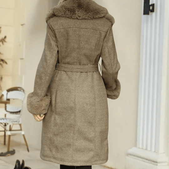 Women's Relaxed Wool-Blend Trench Coat with Faux Fur Trim